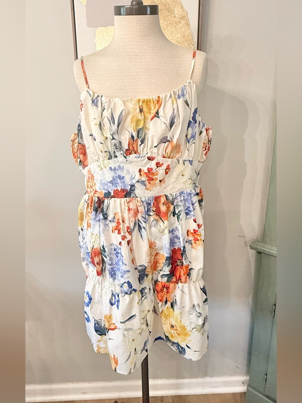 Express Floral Ruched Tiered Poplin Mini Dress